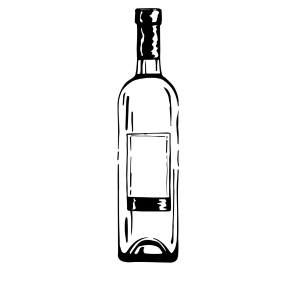 Black and white line drawing of a wine bottle with a blank rectangular label in the center, shown upright on a plain white background.